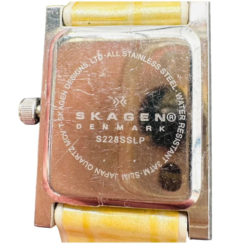 Skagen Denmark Tank Watch Womens Silver Mother of Pearl Yellow Croc Leather